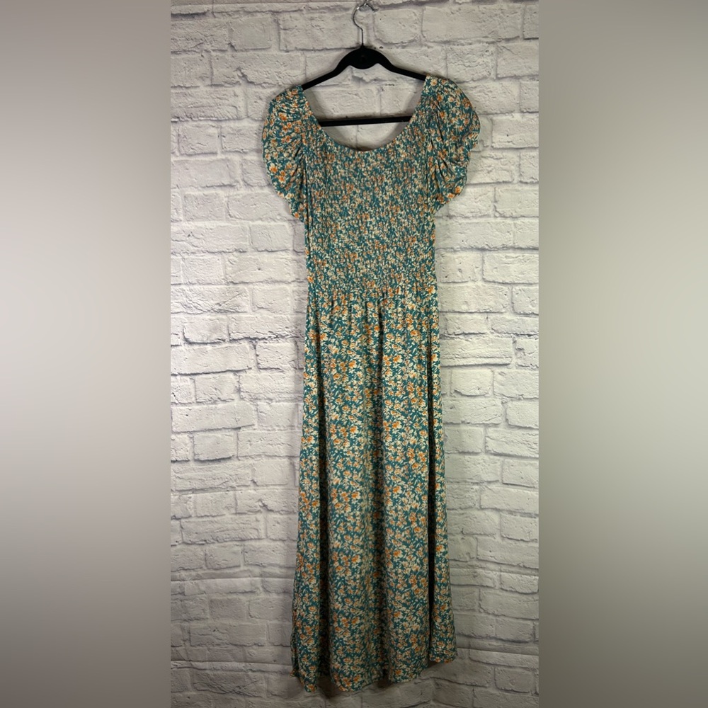 Floral Smocked Maxi Dress in Teal and Orange
